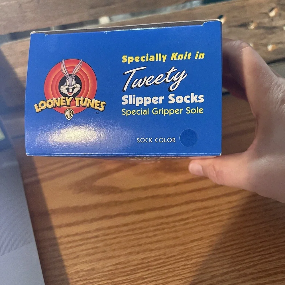 Vintage Looney Tunes TWEETY Blue Slipper Socks Warner Bros. Novelty Cartoon 1997